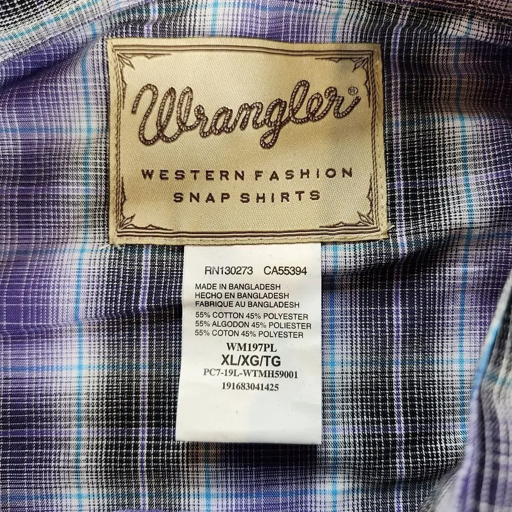Wrangler Shirt Men XL Western Fashion Pearl Snap Purple Plaid Short‎ Sleeve